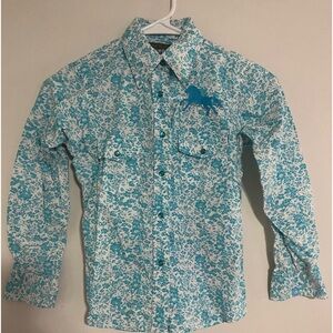 Cowgirl Hardware Cotton Aqua Blue Floral LS Pearl Snap Shirt Girls Sz Sm 6 Horse